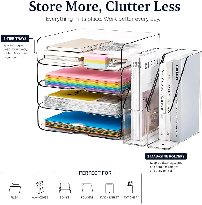 DCA 4 Tier Clear Desk Organizer, Letter Tray with 2 Magazine Holders | Stackable Desktop File Storage | Documents, Books & Supplies | Office & Home | Large Capacity - Image 2