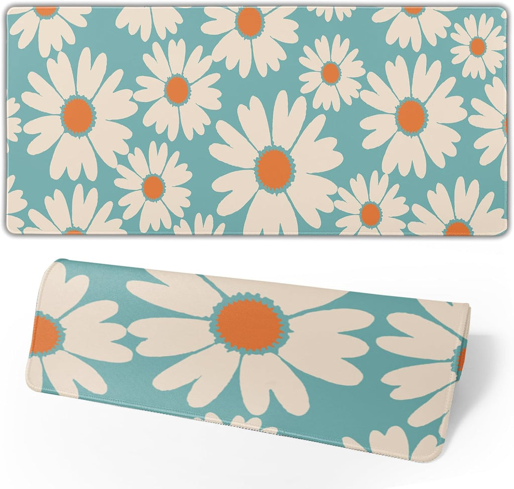 Cute Daisy Flowers Mouse Pad Gaming 31.5x11.8 in Floral Desk Mat Extended Anti-Slip Big Mousepad With Stitched Edges White Daisy Keyboard Pad Mouse Mat Blue for Computer Work Gaming - Image 2