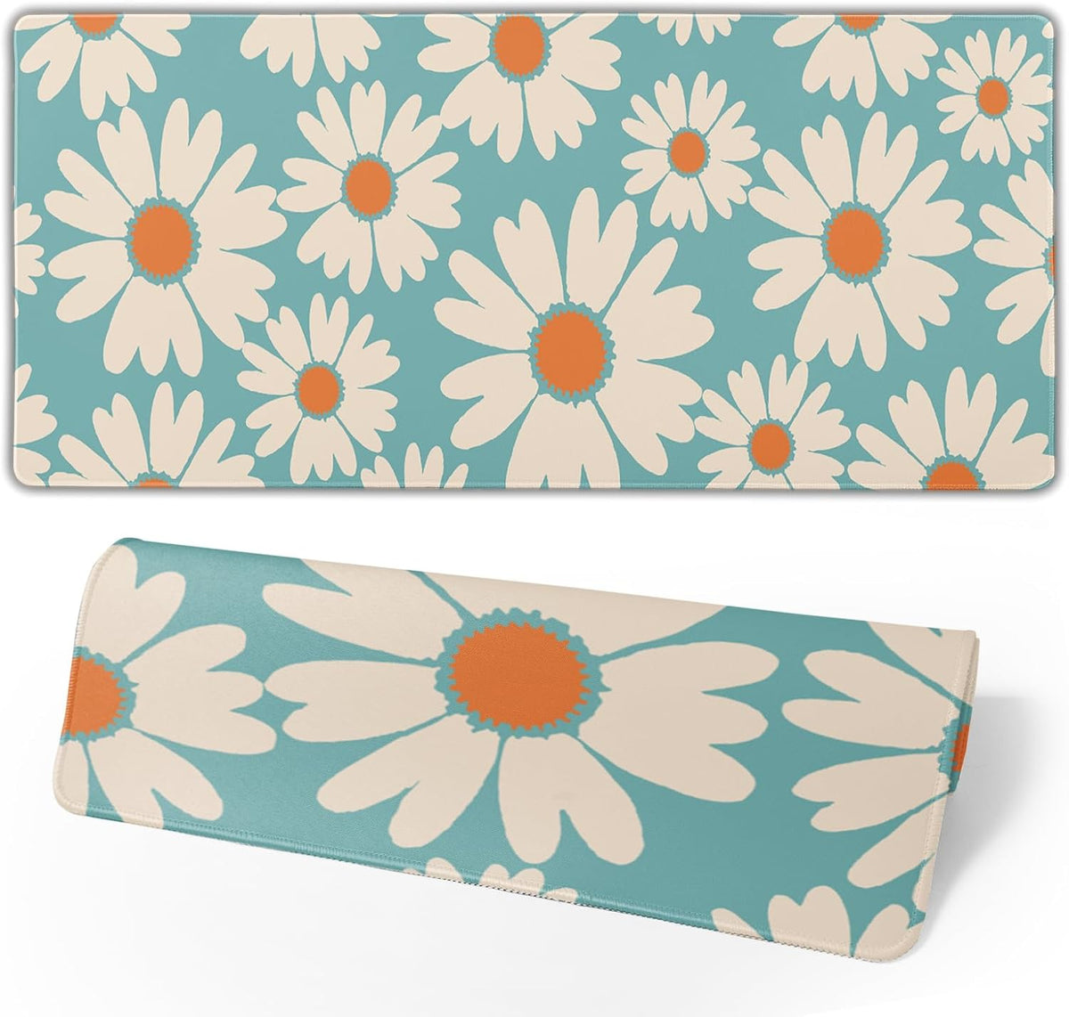 Cute Daisy Flowers Mouse Pad Gaming 31.5x11.8 in Floral Desk Mat Extended Anti-Slip Big Mousepad With Stitched Edges White Daisy Keyboard Pad Mouse Mat Blue for Computer Work Gaming - Image 2