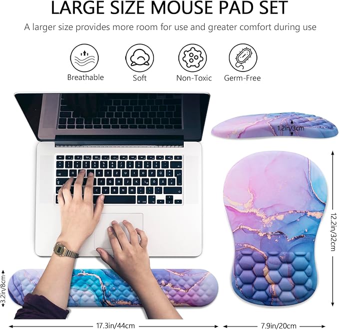 Mouse Pad Wrist Support, Laokiiy 2 in1 Keyboard Wrist Rest+ Ergonomic Mouse Pad, Non-Slip Wrist Rest for Computer Keyboard, Made Easy Typing & Relieve Wrist Pain(Blue Pink Marble) - Image 5