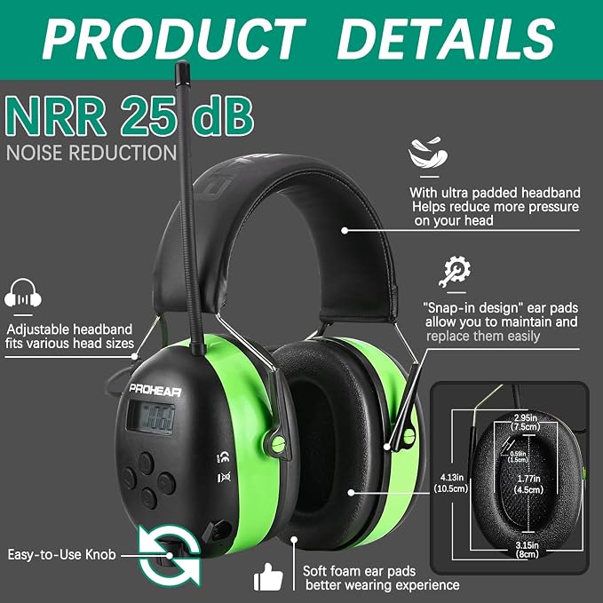 PROHEAR 033 Upgraded 5.4 Bluetooth Hearing Protection AM FM Radio Headphones, Noise Reduction Safety Earmuffs with Rechargeable 1500mAH Battery, 31dB SNR Ear Protector for Mowing Lawn,Gifts for Father - Image 4
