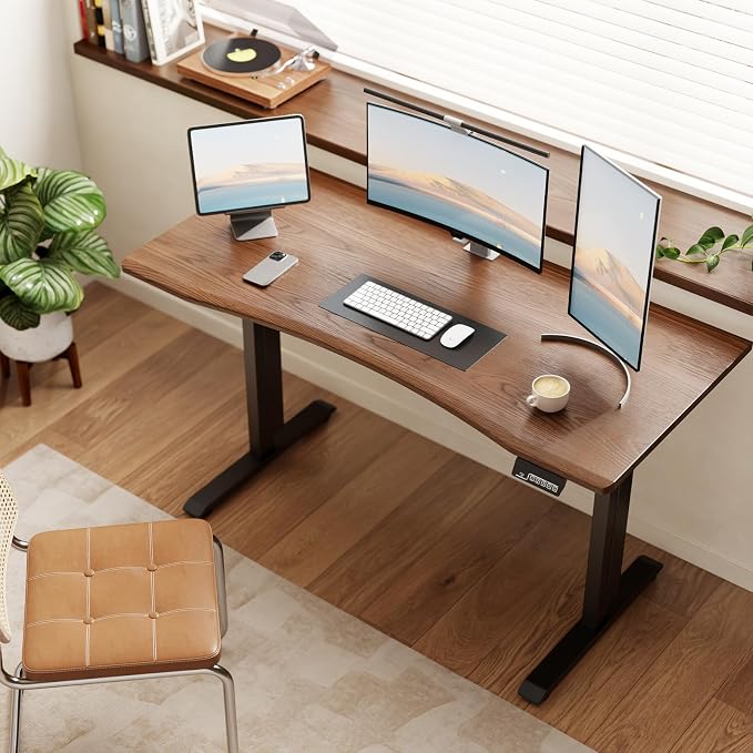 Solid Wood Electric Standing Desk, 55"x23.6" Walnut Standing Desk | 1 BOX,Home Office Desk with 3 Stages Single Motor, Wood Standing Desk with T-Shaped Metal Bracket for Gaming by Unknown