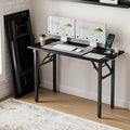 Small Folding Computer Desk – 43.3 Inch Portable Table for Craft and Study, Lightweight Desk for Small Spaces, Foldable Laptop Table Built-in AC/USB Outlets for Convenience, Dark Oak by Frylr