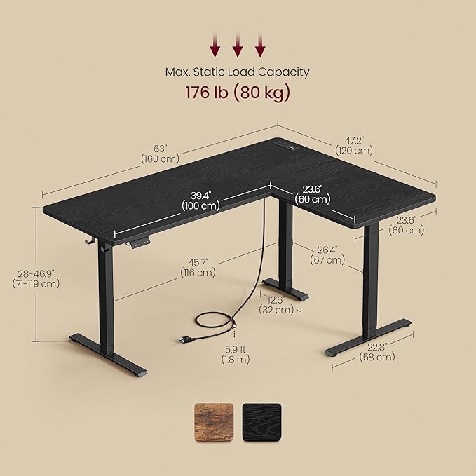 VASAGLE L Shaped Electric Standing Desk, 63 x 47.2 Inches, Height Adjustable Corner Desk with Power Outlets, 2 Memory Buttons, Easy to Assemble, for Home Office, Black ULSD242B01 - Image 2