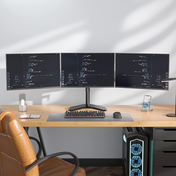 WALI Triple Monitor Stand, Free Standing for 13-27 inch Screens,up to 22lbs | 3 monitor stand for desk, Adjustable, Full Motion with Tilt, Swivel, Rotation, C-Clamp & Grommet Base, VESA 75/100mm (MF003) - Image 8