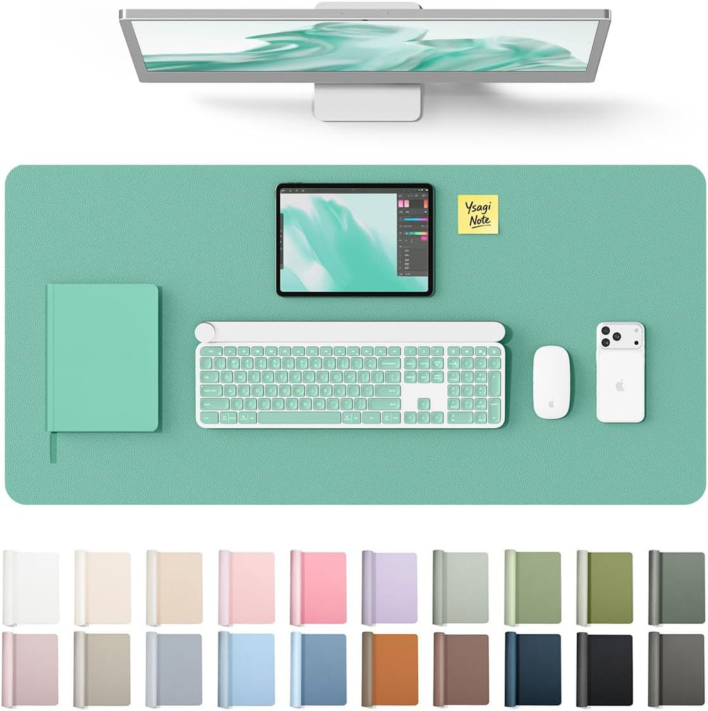 YSAGi Leather Desk Protector, Office Mat, Large Mouse Mat, Non-Slip PU Leather Blotter, Laptop Desk, Waterproof Writing Pad for Office and Home (Green-Blue, 35.4" x 17") by YSAGi