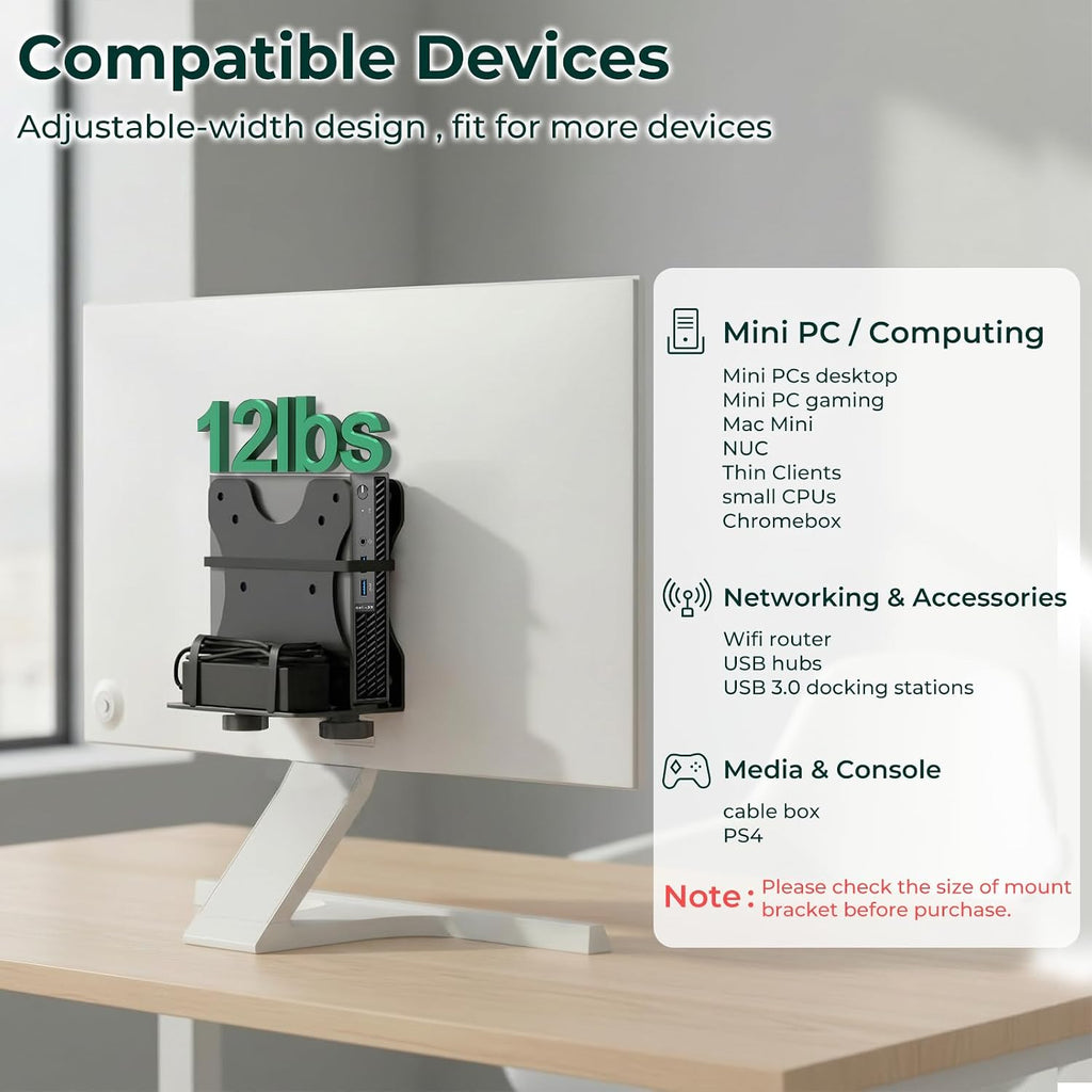 Adjustable Mini PC Vesa Mount Bracket Behind Monitor, Under Desk, Attached to Monitor Arm, Wall or Stand Pole for HP, Dell, KAMRUI, Mac Mini, GMKtec, Cable Boxes, Wi-Fi Routers and Small CPUs - Image 3