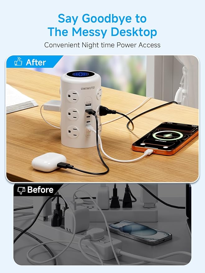 Tower Power Strip with 1 Dedicated PD 20W Fast-Charging Port, 12 Outlets, 5 USB Ports (3 USB-C), Desk Charging Station for Multiple Devices,10FT Extension Cord, Home Office Essentials - Image 4