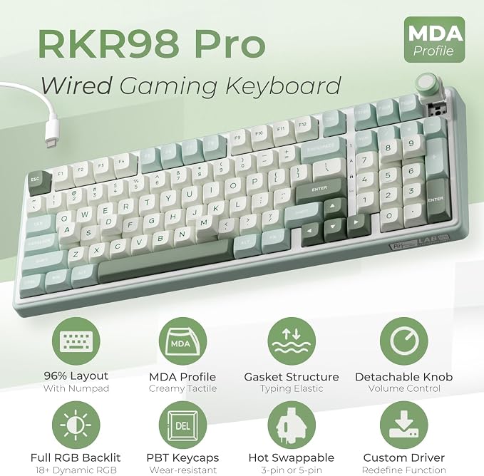 RK ROYAL KLUDGE R98 Pro Creamy Mechanical Keyboard, 96% Wired Gaming Keyboard RGB Backlit with Number Pad and Volume Knob, Gasket Mount, MDA Profile PBT Keycaps, Hot Swappable Pre-lubed Tactile Switch - Image 2