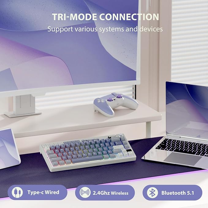 RK ROYAL KLUDGE M65 Wireless Mechanical Keyboard with Volume Knob, 60% Tri-Mode Gaming Keyboard 2.4G/BT/USB-C, Gasket Mount, Battery Display, PBT Keycaps, Hot-Swappable Beige Switch, Blue - Image 3