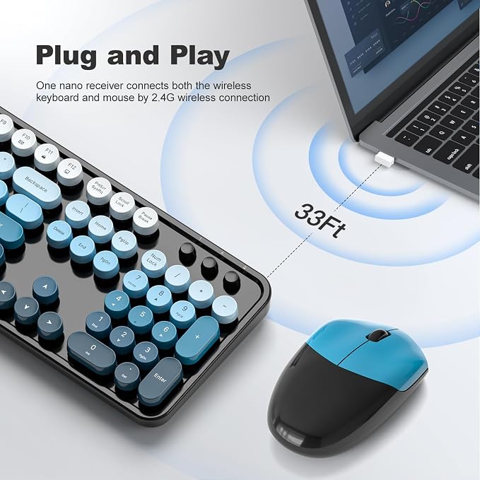 MOFII Wireless Keyboard and Mouse Combo, 2.4GHz Retro Typewriter Keyboard Full Size, Cute Wireless Mice, USB Dongle Plug and Play, for Laptop, PC, Desktop, Windows (Black Blue Gradient Color) - Image 2