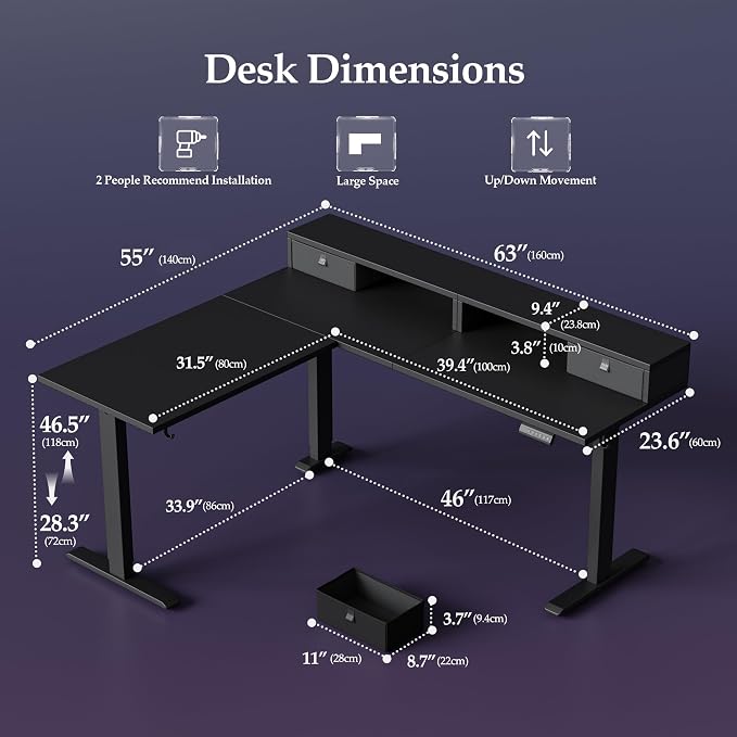 Klicelor L Shaped Electric Standing Desk 63 x 55.1 inch with Shelf, Height Adjustable Corner Desk, Sit Stand Desk with Storage Shelf, Home Office Computer Table, Black - Image 2