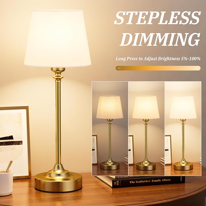 Kakanuo Gold Cordless Table Lamp with Rechargeable Battery, 1 Pack | Touch Stepless Dimming with Memory, 4000mAh Capacity, 3000K Warm Light, for Bedroom, Dining Table, Counter, Living Room - Image 2
