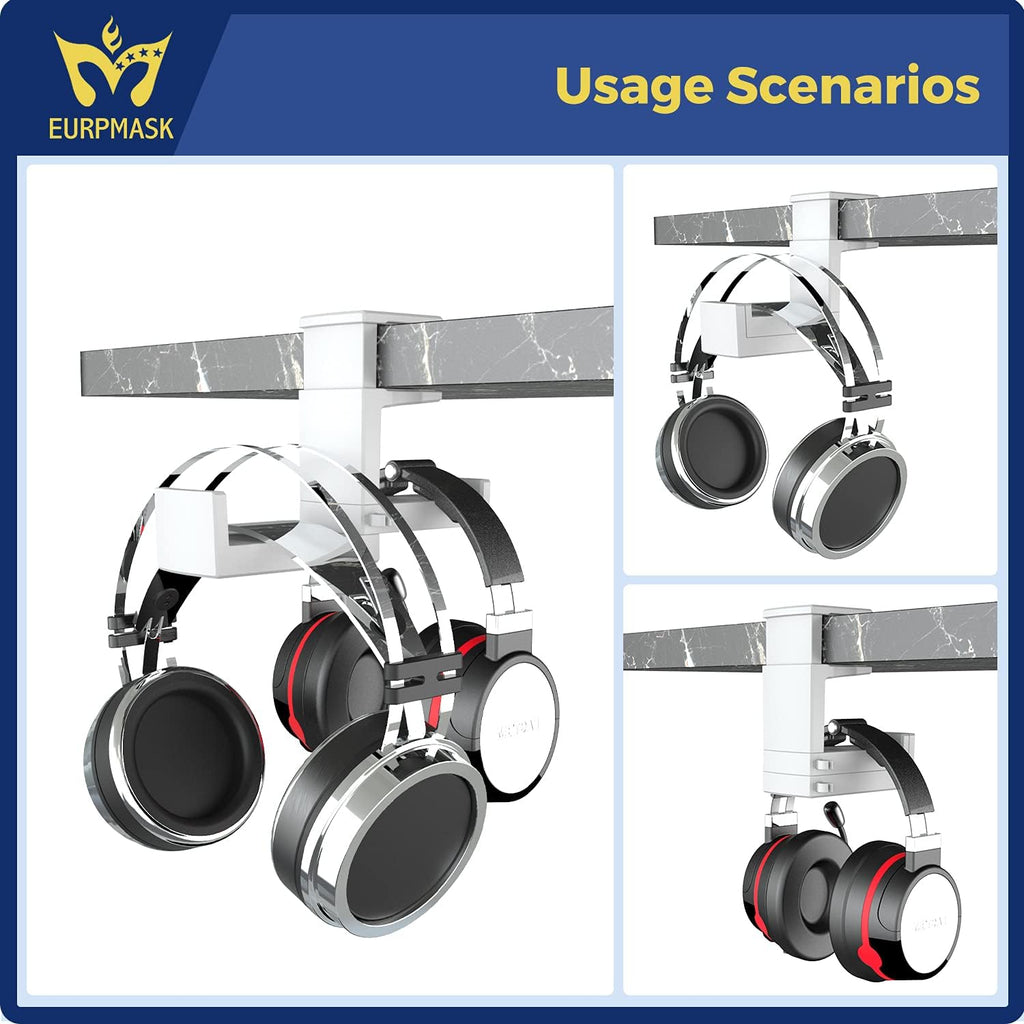 Dual Headphone Stand Holder - EURPMASK 2 in 1 PC Gaming Headset Hooks, 360 Degree Rotating Headphone Hanger with Adjustable Clamp & Cable Clip Organizer, Headset Mount Under Desk Earphone Clamp-White - Image 7