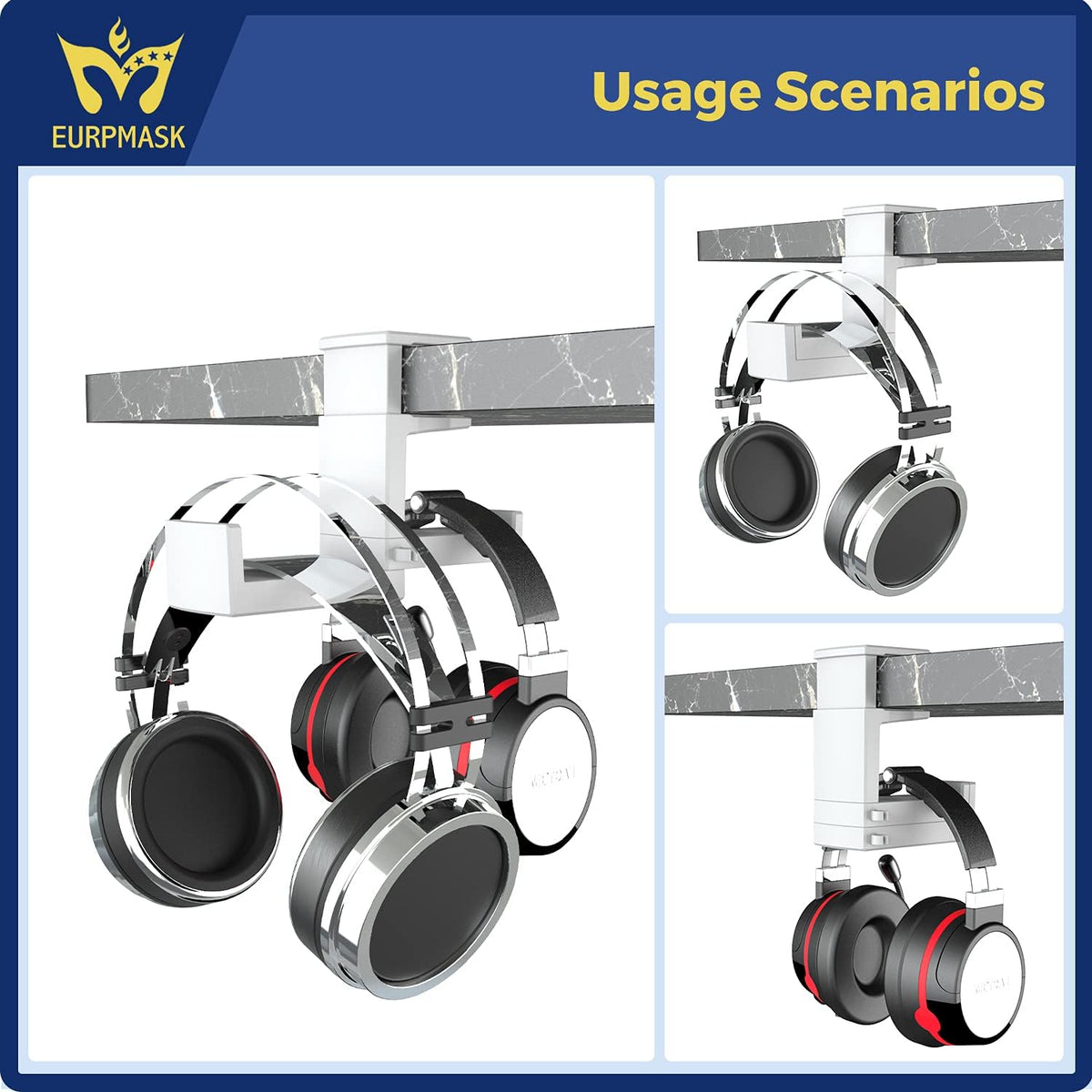 Dual Headphone Stand Holder - EURPMASK 2 in 1 PC Gaming Headset Hooks, 360 Degree Rotating Headphone Hanger with Adjustable Clamp & Cable Clip Organizer, Headset Mount Under Desk Earphone Clamp-White - Image 7