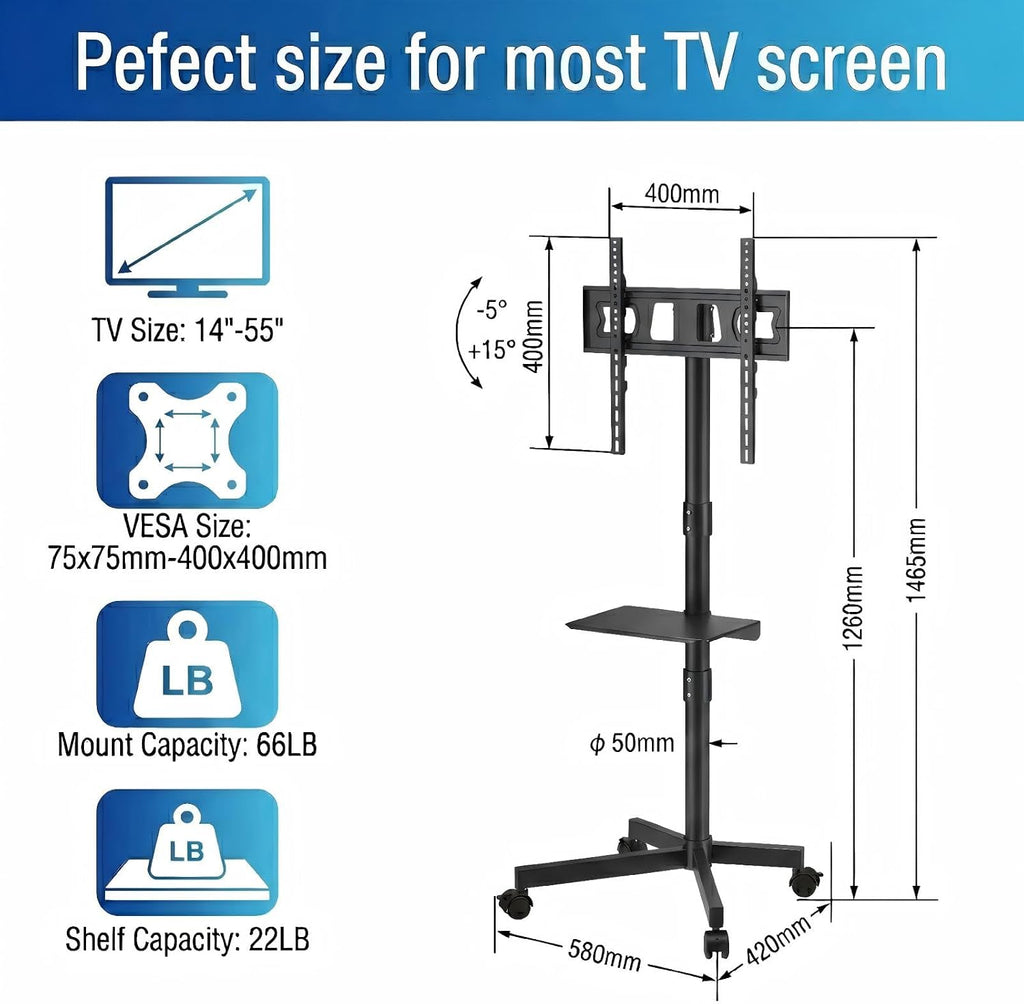Rolling TV Stand for 14-55 Inch TV, Portable Mobile TV Cart on Wheels for Bedroom, Office, Patio and Covered Outdoor Use, Max VESA 400x400mm, Holds 66 lbs. Roll Your TV for Sports Nights, Movie Nights - Image 4