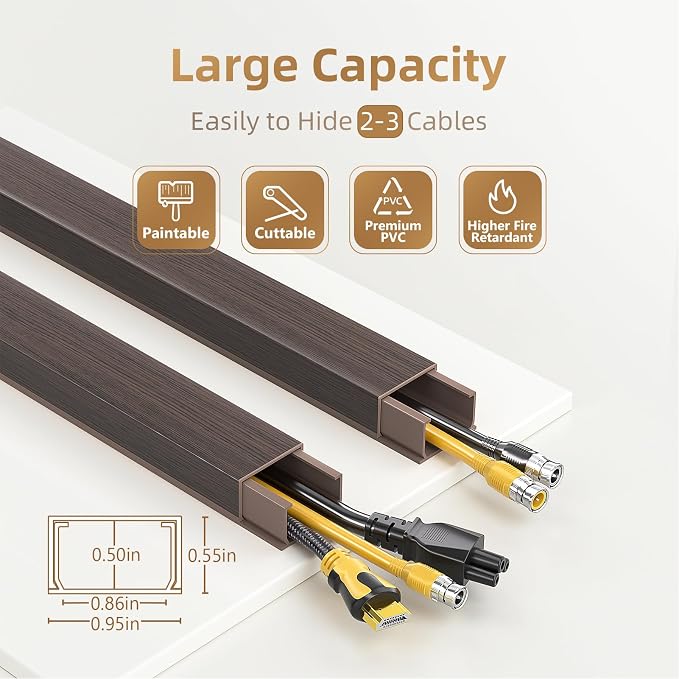 Delamu Cord Hider, 85in Cord Covers for 2-3 Wires on Wall, Self-Adhesive Cable Hider, PVC Wire Hiders Wire Covers for TV Cords on Wall, Easy Mount Cable Cover Raceway Kit, W0.95 H0.55in, Darkwood - Image 2