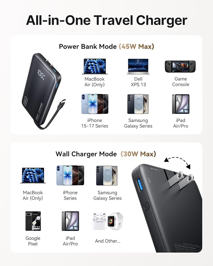 INIU 45W Fast Charging Portable Charger, 10000mAh with Built in Wall Plug | Slimmest, Built-in Wall Plug, USB-C Cable, GaN, Flight-Safe, 3 in 1 Power Bank for iPhone 17, Samsung, iPad etc - Image 6