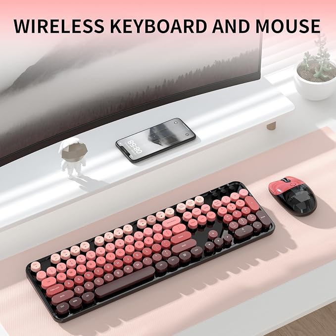 Wireless Keyboard and Mouse, 104 Round Keycaps Retro Typewriter | with OTG & Brush, Full-Size Ergonomic, Ideal for Windows PC, Home, Office and College Black Pink - Image 9