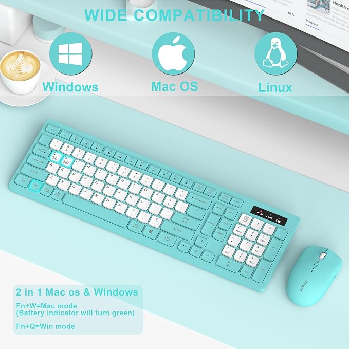 Wireless Keyboard and Mouse Combo Silent for Office and Home(Tifany Blue-B) | 2.4G Full Size Silent Cordless Keyboard with Tilt Legs,3-Level DPI Quiet Mouse,for Windows/Mac OS/Desktop/Laptop/PC - Image 7
