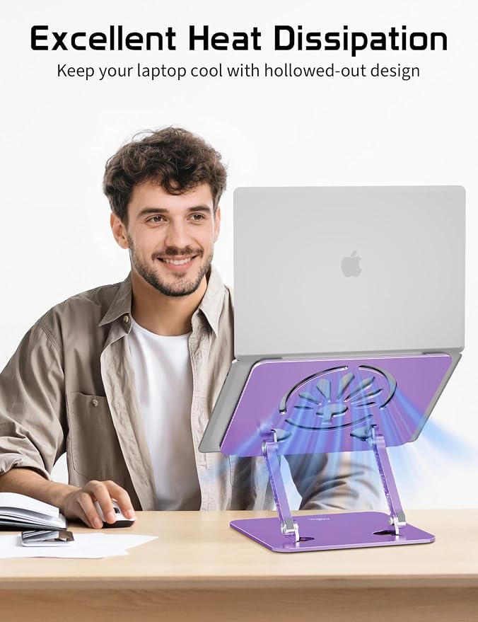 Adjustable Aluminum Laptop Stand for Desk,Ergonomic Riser, Purple | Open Ventilated Design, Fits MacBook Pro/Air & 10"-16" Laptops, Stable Support for Office, Home & Travel - Image 2