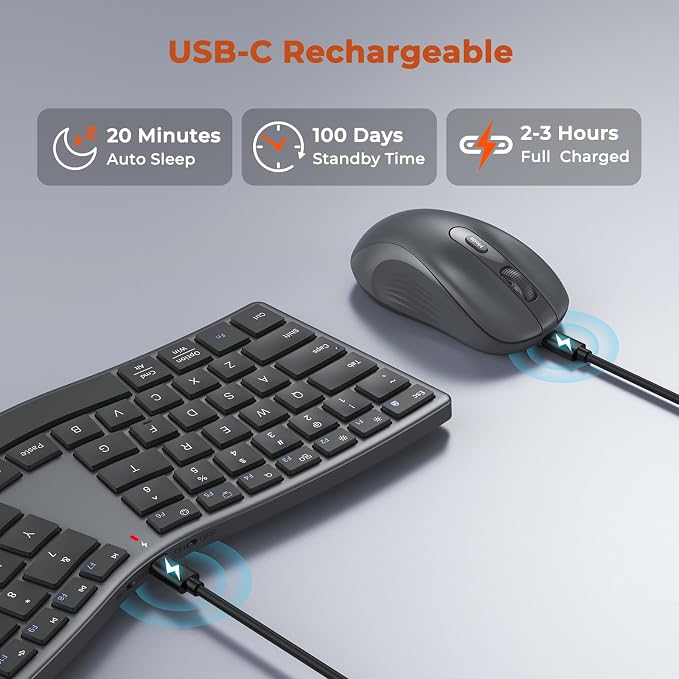 MEETION Wireless Ergonomic Keyboard and Mouse, Split S-Curve Design, Black | Dual Bluetooth and 2.4GHz connectivity, low-profile rechargeable keyboard, 4 DPI mouse for Windows, Mac, PC and laptop - Image 5