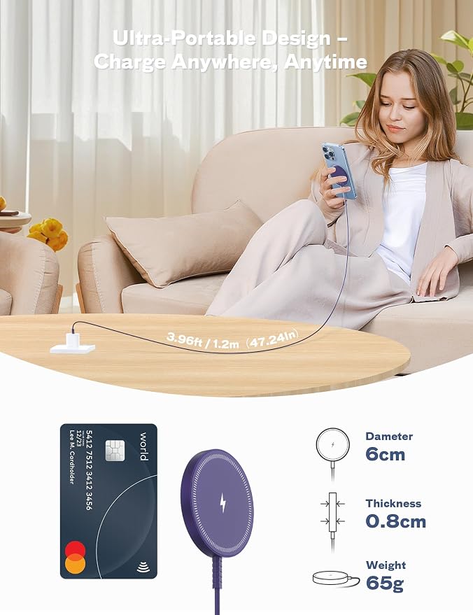 Bohuma Magnetic Wireless Charger for iPhone – 15W Fast Charging Pad with Dual Ports - Compatible with iPhone 12-17 & AirPods 4 3 2 Pro – Purple Sleek Aluminum Alloy Design for Home, Office & Travel - Image 7