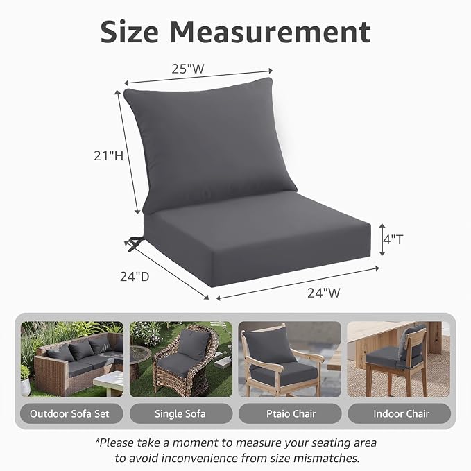 PatioGlow Outdoor Seat Cushion Set 24 x 24 x 4 Inch, Waterproof & Fade Resistant Patio Furniture Cushions with Removable Cover and Ties, Thick Deep Seating Pads for Outside Chair Sofa Couch, Grey - Image 4
