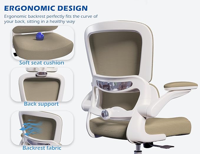 TRALT Ergonomic Office Chair Desk Chair with Adjustable Lumbar Support | Desk Chair Comfy with Flip-up Armrests Ergonomic Chair - Mesh Computer Chairs for Adults, 330lbs, PU Leather (Khaki, 1) - Image 5