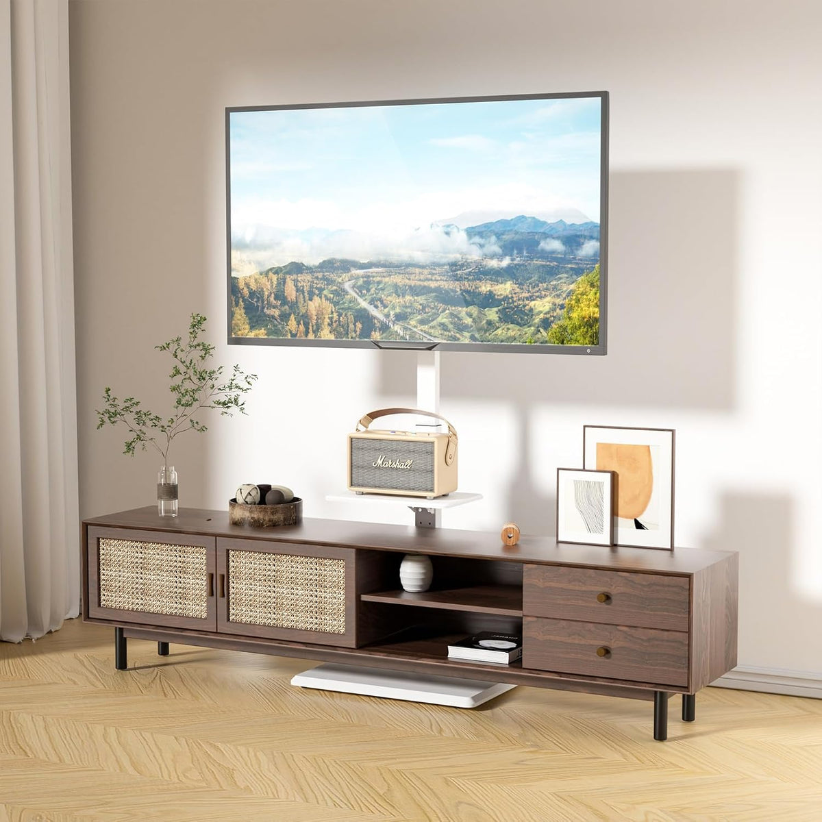 WALI Floor TV Stand with Power Outlet & AV Shelf, Tall TV Stand Mount for 36-75 inch TV up to 110 lbs, Swivel and Height Adjustable TV Stands with Wood Base for Bedroom, Office(TVDVD-6PW), White - Image 6