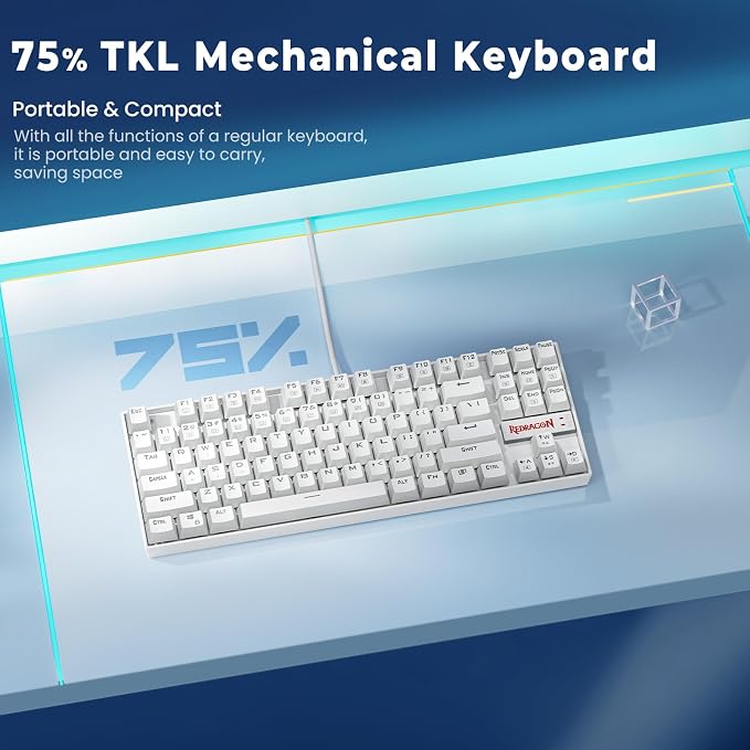 Redragon K552P Mechanical Gaming Keyboard TKL with 18 Backlight Modes, Hot-Swappable Blue Switches, 87-Key Compact Ergonomic Design, N-Key Rollover & Software Programmable Macro - RGB, White - Image 6