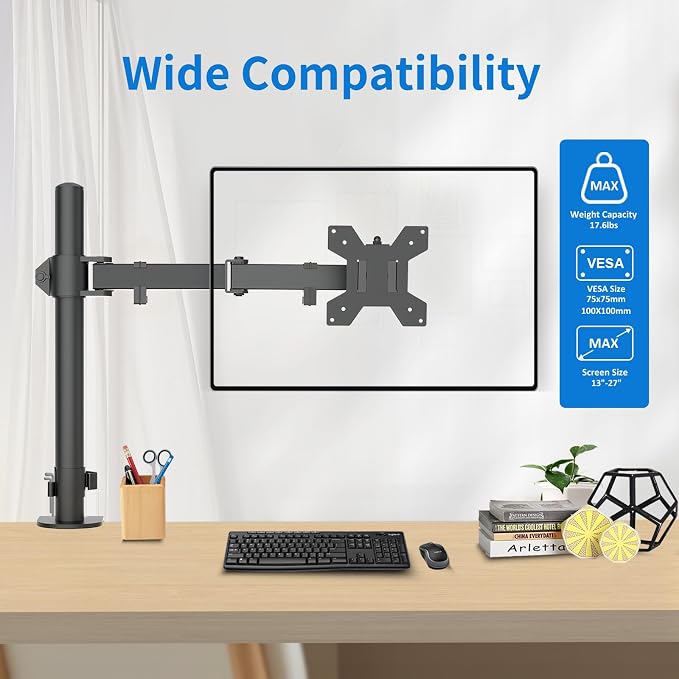 H&C(hcck&Cllassp) Single Monitor Mount, Desk Mount with Swivel, Tilt, Rotation, Height Adjustable, VESA Mount for 17-27” Monitors up to 17.6 lbs, Monitor Stand with C-Clamp, Black - Image 2