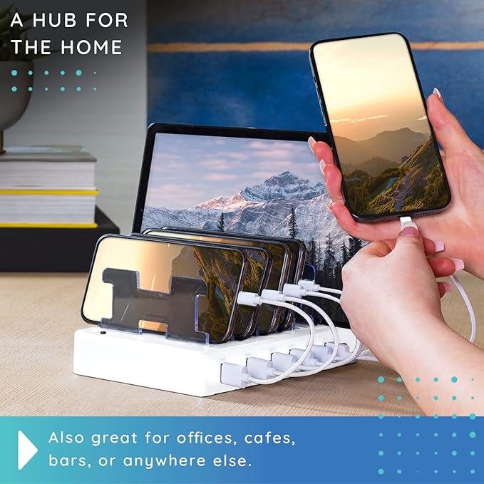 Fast Charging Station for Multiple Devices, 6-Port USB Charging Dock White | Smart IC Technology for Safe Charging, Organized storage, Works with Apple iPhone 14 and earlier & iPads, for home, office - Image 5