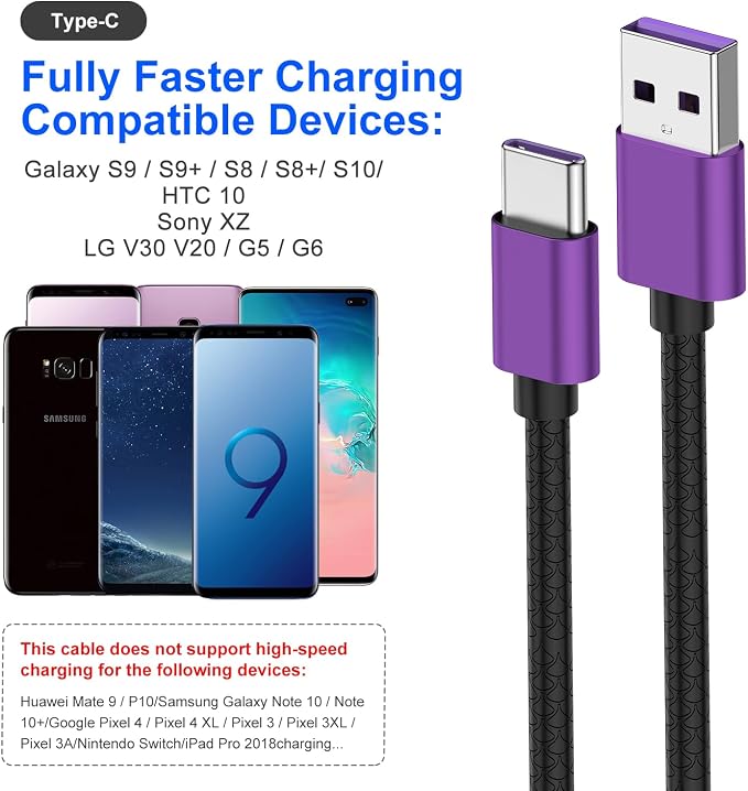 CyvenSmart USB Type C Cable 10ft, [2 Pack] USB A 2.0 to USB-C Fast Charger Durable TPE Cord Compatible with Samsung Galaxy A10/A20/A51/S10/S9/S8 Plus/Note 9/8,LG V50 V40 G8 G7 Thinq-Purple - Image 6