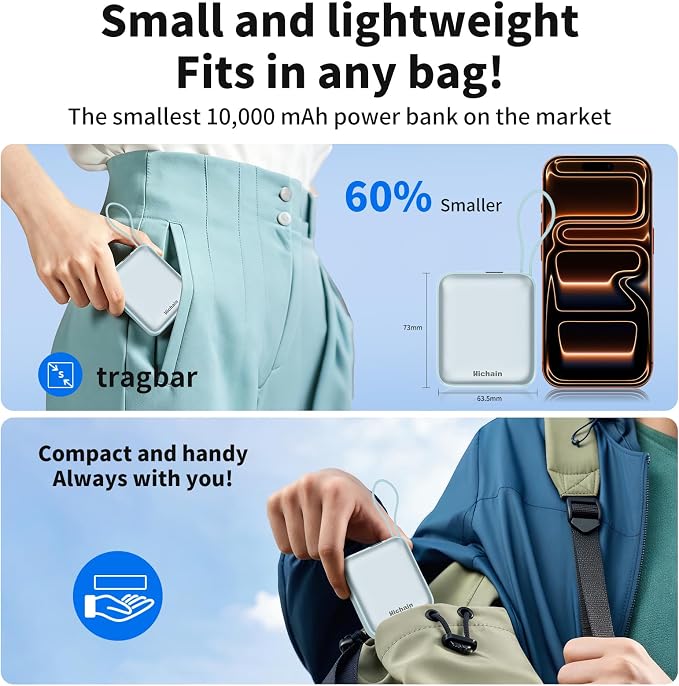 Hichain Mini Portable Charger with Built in Cables LED Display, Mini Power Bank 10000mAh 22.5W USB-C Fast Charging Portable Charger, Small Power Bank for iPhone Compatible with iPad & Android Blue - Image 3