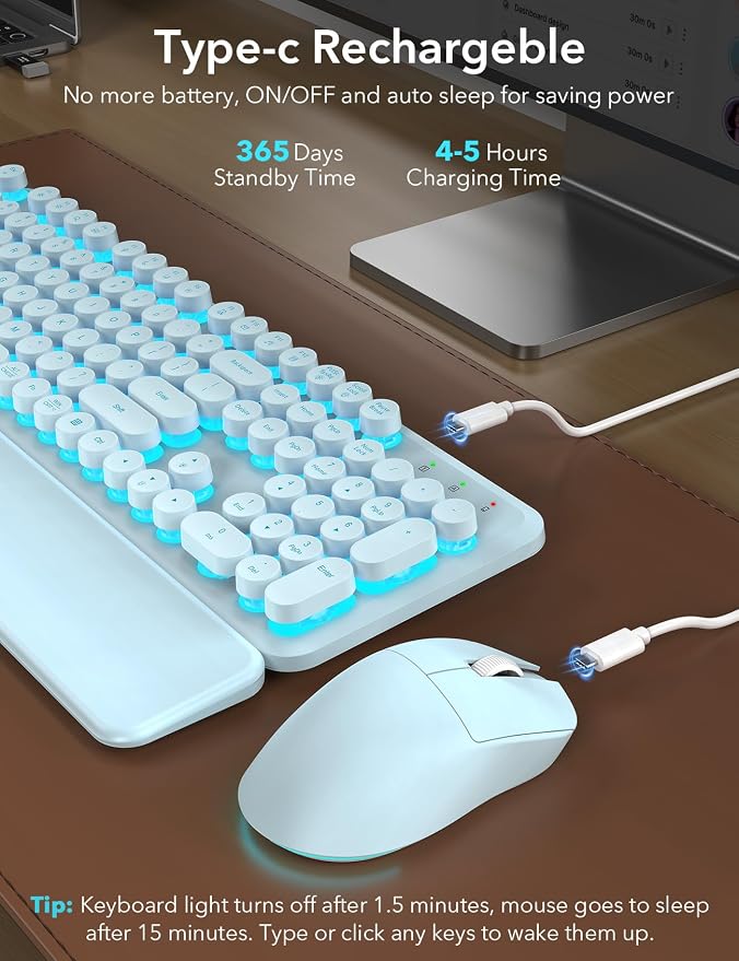 Wireless Keyboard and Mouse Backlit - Typewriter, Magnetic Wrist Rest | Retro Round Keys, Light Up Letters, 2.4GHz Cordless Combo for Mac, Windows, PC, Laptop, Trueque CK23Pro [Upgraded] - Image 4