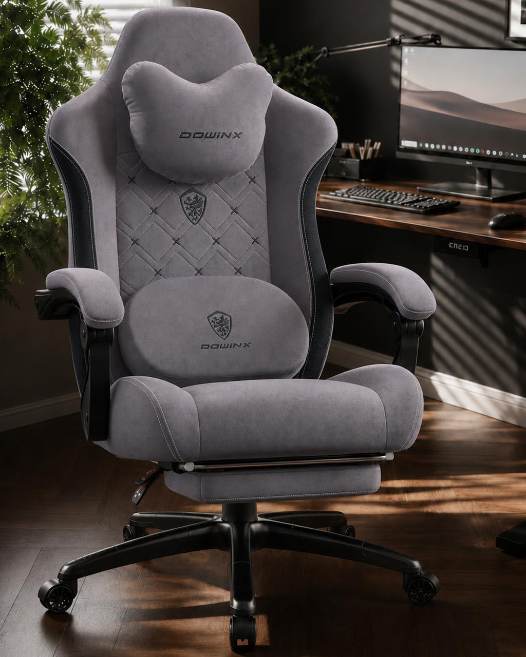 Dowinx Gaming Chair with Heated Massage Lumbar Support,Big and Tall Fabric Gaming Chairs for Adults with Footrest, Ergonomic Computer Game Chair with Poket Spring Cushions, 350lbs, Gray by Dowinx