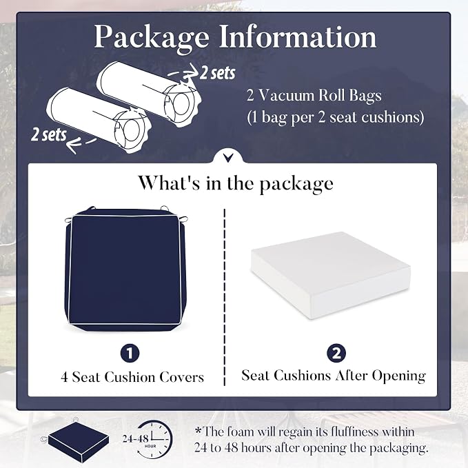 Basic Beyond Outdoor Chair Cushions for Patio Furniture, Waterproof Outdoor Seat Cushions Set of 4 19 x 19, Patio Chair Cushions Set of 4 with Ties and Handle, Navy Blue/White - Image 7