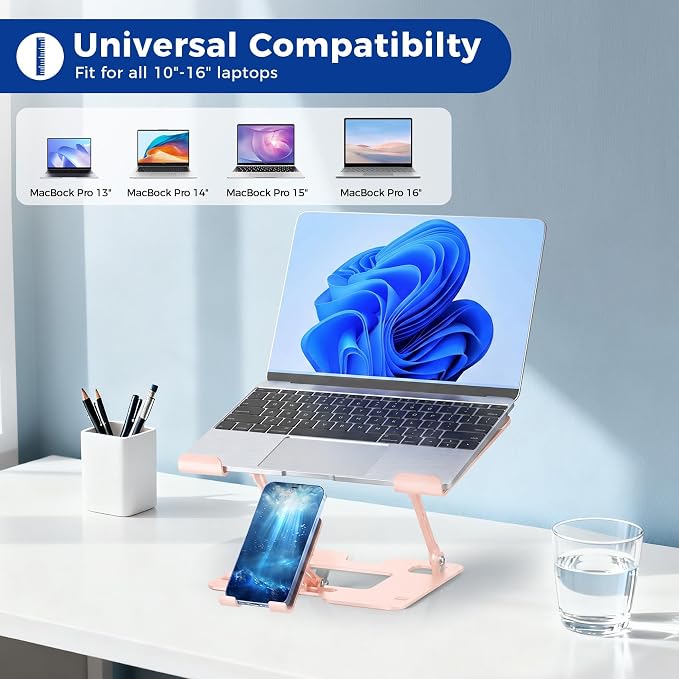 Ergonomic 2-in-1 Laptop Phone Stand for Desk, Pink Laptop Stand Adjustable Riser, Sturdy and Portable, Fits All Laptops and Phone (Pink) - Image 7