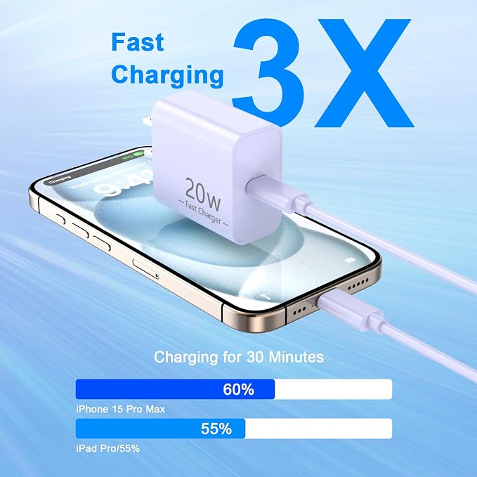 iPhone 17 16 15 Charger Fast Charging 10FT, 20W USB C Charger Block & Cable | 2Pack [Apple MFi Certified] 20W Type C Charger & 10FT Long Type C Charging Cord for iPhone 17/17 Pro/17 Pro Max/16 15 Pro Max - Image 3