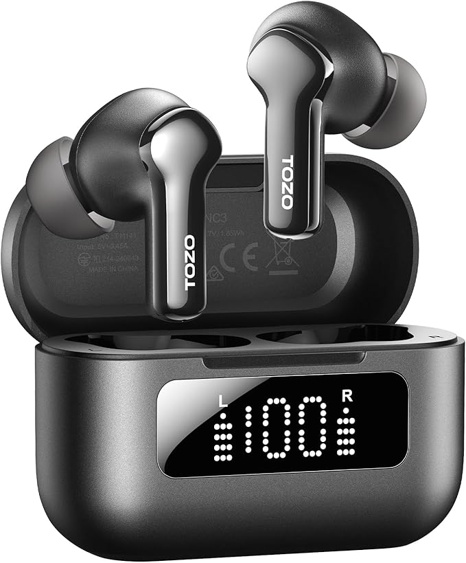 TOZO Hybrid Active Noise Cancelling in Ear Wireless Earbuds, 68H Playtime | 6 Mics AI Clear Calls, LED Display, 32 Preset EQs App, Bluetooth 5.3 Headphones, IPX8 Waterproof, Comfort Fit Ear Buds Black by TOZO