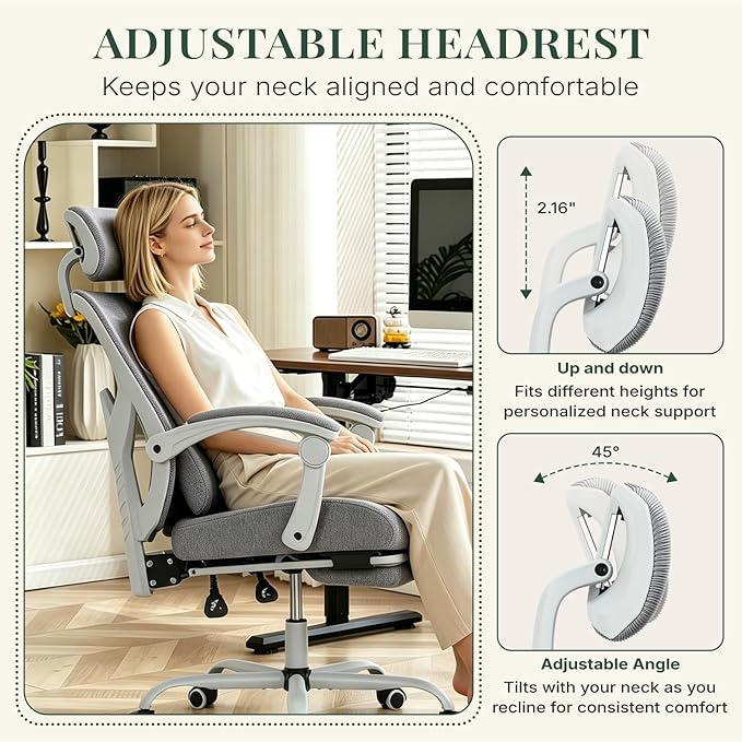 Ergonomic Office Chair with Footrest, Computer Gaming Chair | Adjustable Headrest, Lumbar Support, Swivel Reclining, Padded Armrest, Mesh High Back, Home Desk Work Study, Grey - Image 6