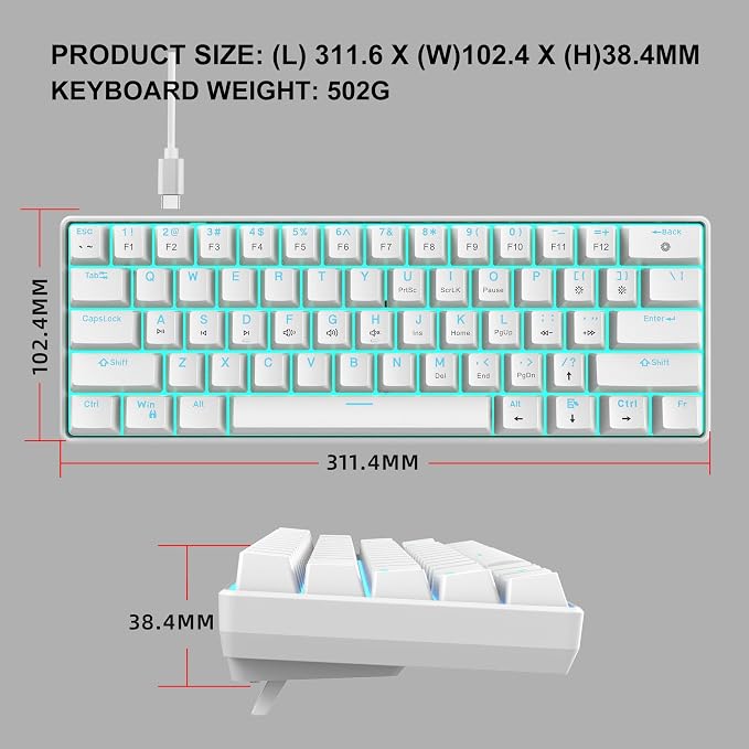 Snpurdiri 60% Mechanical Gaming Keyboard (White, Blue Switches) | Ice Blue LED Backlit 61 Keys Mini Wired Office Keyboard for Windows Laptop PC Mac - Image 6