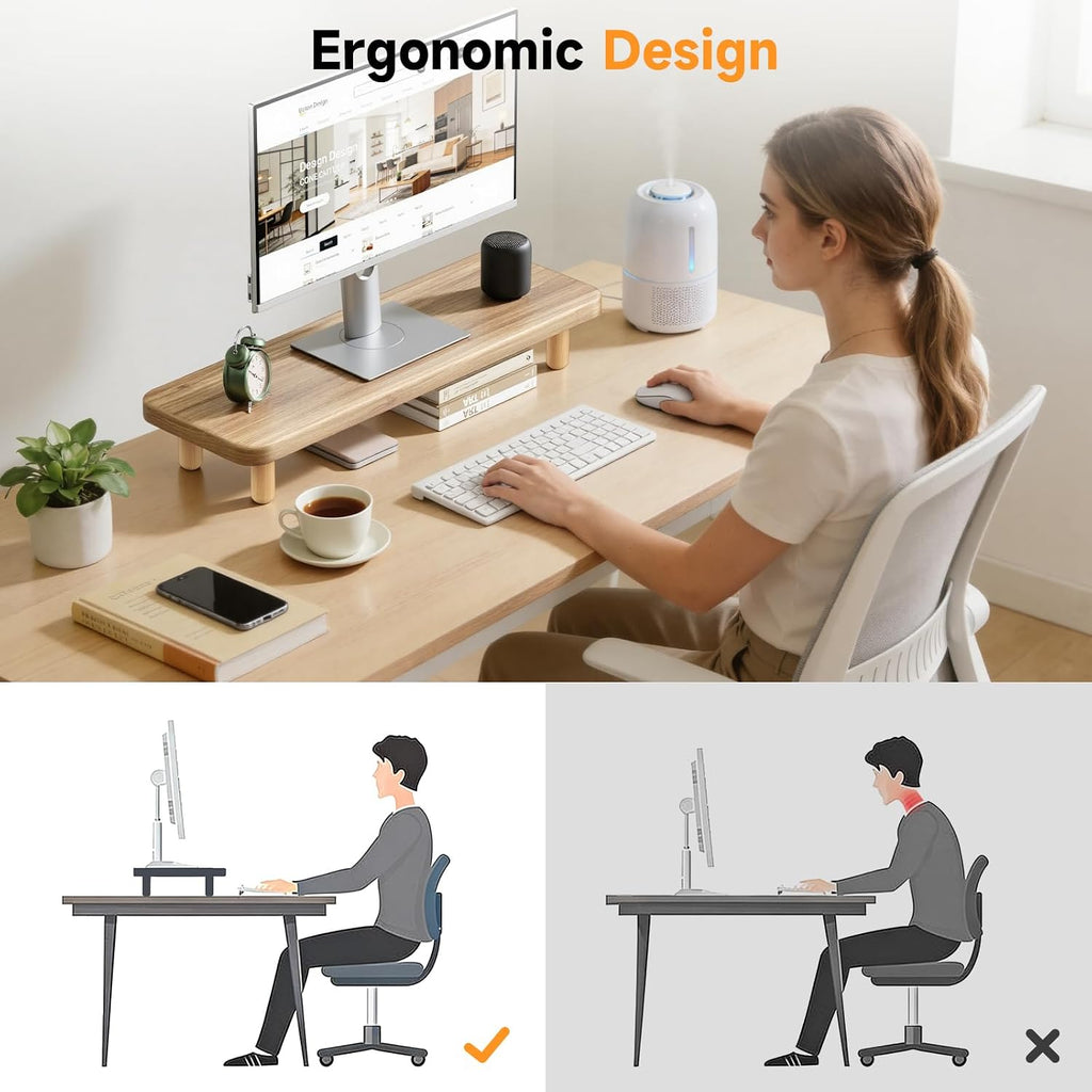 Monitor Stand Riser, 24 Inch Wood Desk Organizer with Monitor Stand & Storage Computer Monitor and Laptop Riser Multifunctional Laptop Stand Desk Organizer for Office Home Screen/Laptop/PC -Light Walnut - Image 8