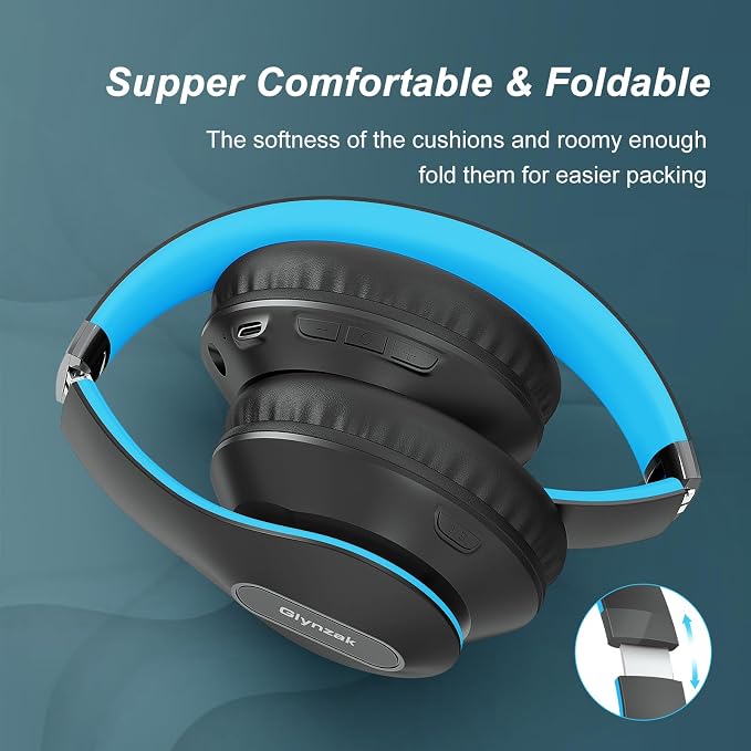 Wireless Bluetooth Headphones Over Ear V6.0 HiFi Stereo with Mic | 65H Playtime 6EQ Modes Foldable Bluetooth Headset with Microphone for Travel Smartphone Computer Laptop Blue - Image 4
