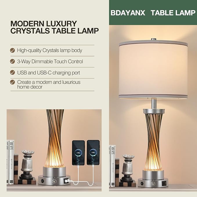 3-Way Dimmable Table Lamp Set of 2,Touch Control Lamp with Night Light,Modern Crystal Table Lamps for Bedroom,Living Room，Bedside Lamps with USB A+C Ports，Fabric Lampshade(Blubs Included) - Image 4