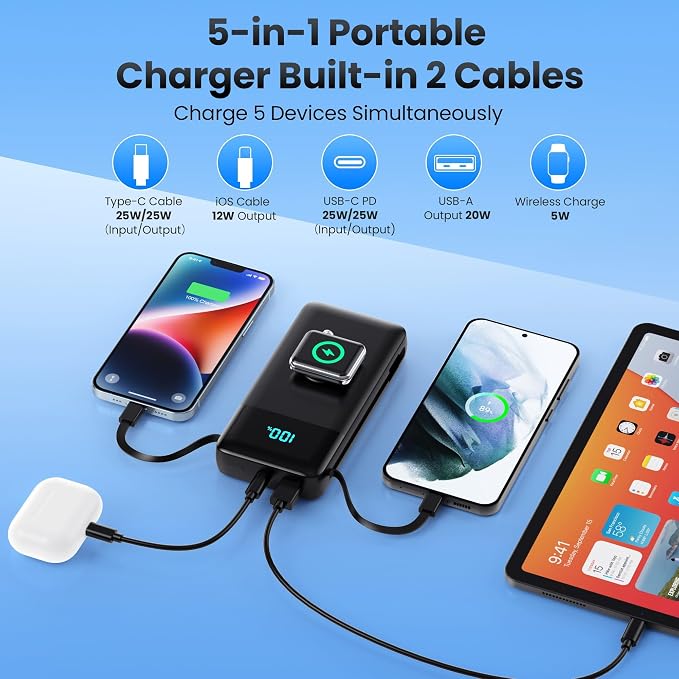 AONIMI Portable Charger 40800mAh Power Bank with 2 Built in Cables, 25W PD QC4.0 Fast Charging USB C Battery Pack, 5 Output 2 Input Phone Charger for iPhone 17/16/15,Android (Black) - Image 3