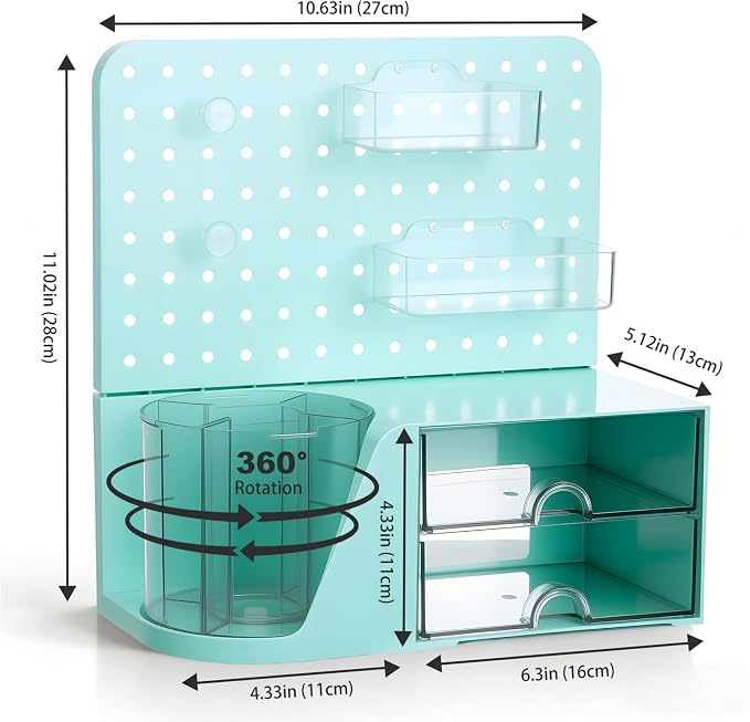 Comix Desk Organizer with 2 Drawer, Green 360° Rotating Pen Holder for Desk | Desk Organizers and Accessories with 5 Slots Pencil Holder+Pegboard+Drawer, Pen Organizer for Home School Art Office Supplies - Image 2