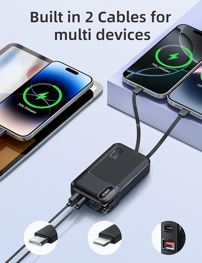 RORRY Portable Charger w/Wall Plug 10000mAh Power Bank 22.5W Battery Pack | Built in Cables, Fast Charging, for iPhone, iPad, Samsung Galaxy, Pixel, LG, Travel Essential, Digital Display, Pocket Size - Image 4