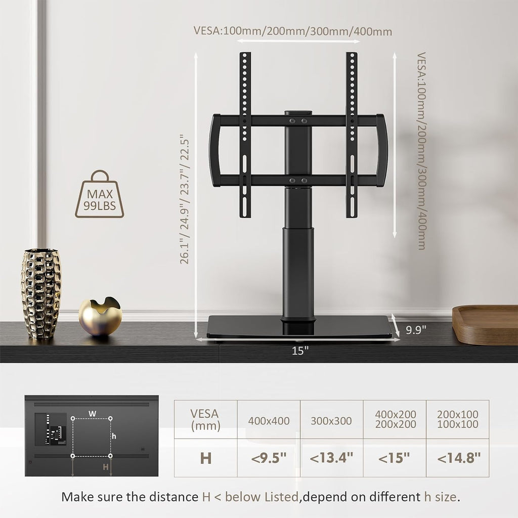 Universal Swivel/Table Top TV Stand 27 to 60 inch TVs 80 Degree Swivel, 4 Level Height Adjustable, Heavy Duty Tempered Glass Base, Holds up to 99lbs Screens, HT04B-001 - Image 8